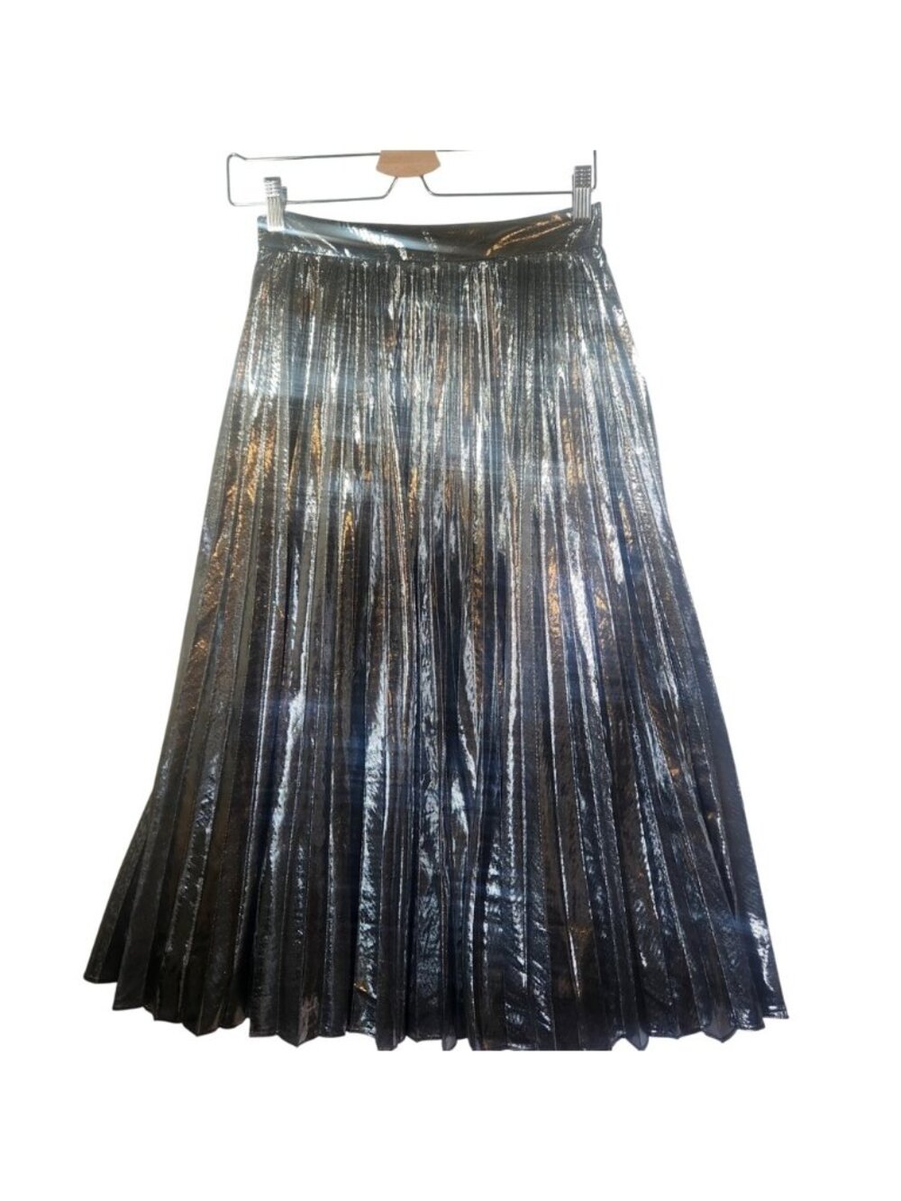 Metallic Silver Pleated Midi Skirt‎ High Waisted Shimmer Accordion Party Glam